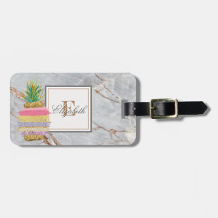 Trendy  Stone Marble Texture, Monogram Pineapple Luggage Tag
