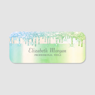 Trendy, Stripe Glitter Drips Green Name Tag