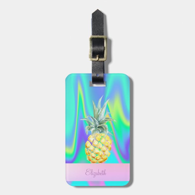 Trendy Stripe Pineapple Holographic Luggage Tag (Front Vertical)