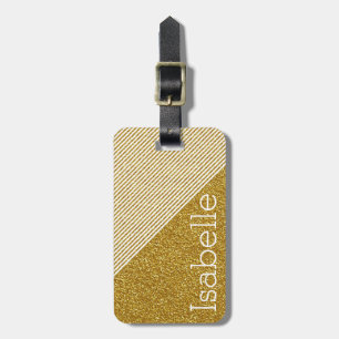 Trendy Stripes Monogram Gold Glitter Photo Print Luggage Tag