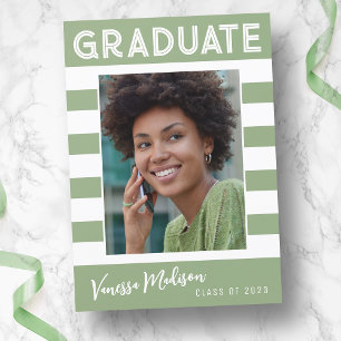 Trendy Stripes Simple Retro Graduate Photo Green Announcement
