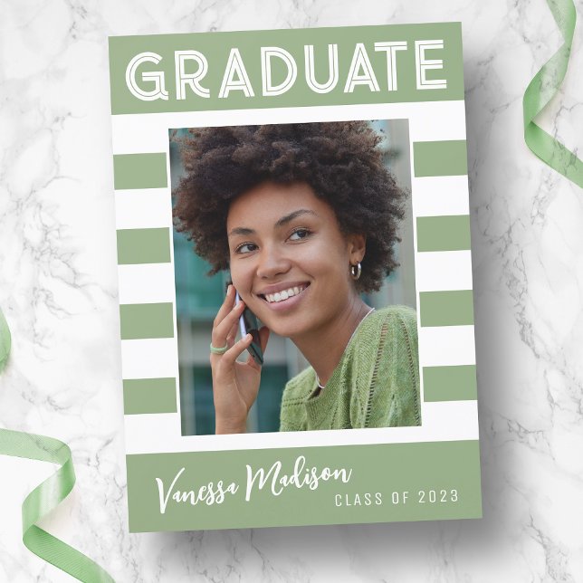 Trendy Stripes Simple Retro Graduate Photo Green Announcement (Creator Uploaded)