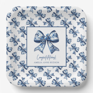 Trendy Stylish Blue Floral Bows Graduation Party Paper Plate