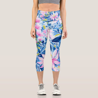 Trendy Stylish Blue Pink Lilly Floral Pattern  Capri Leggings