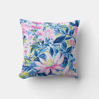 Trendy Stylish Blue Pink Lilly Floral Pattern  Throw Pillow