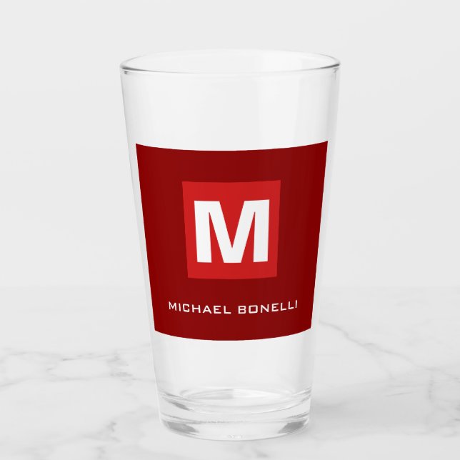 Trendy stylish dark red white monogram your name glass (Front)