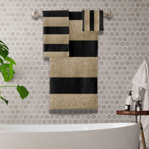 trendy stylish geometric black and gold stripes bath towel set