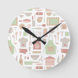 Trendy Stylish Kitchen Cooking Utensils Pattern Round Clock