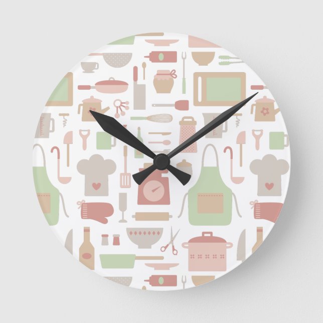 Trendy Stylish Kitchen Cooking Utensils Pattern Round Clock (Front)