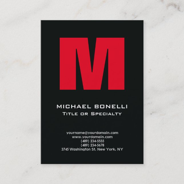 Trendy stylish modern red bold monogram black business card (Front)