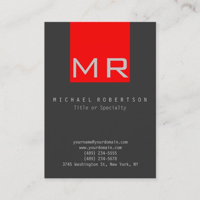 Trendy Stylish Monogram Grey Red Business Card (Front)