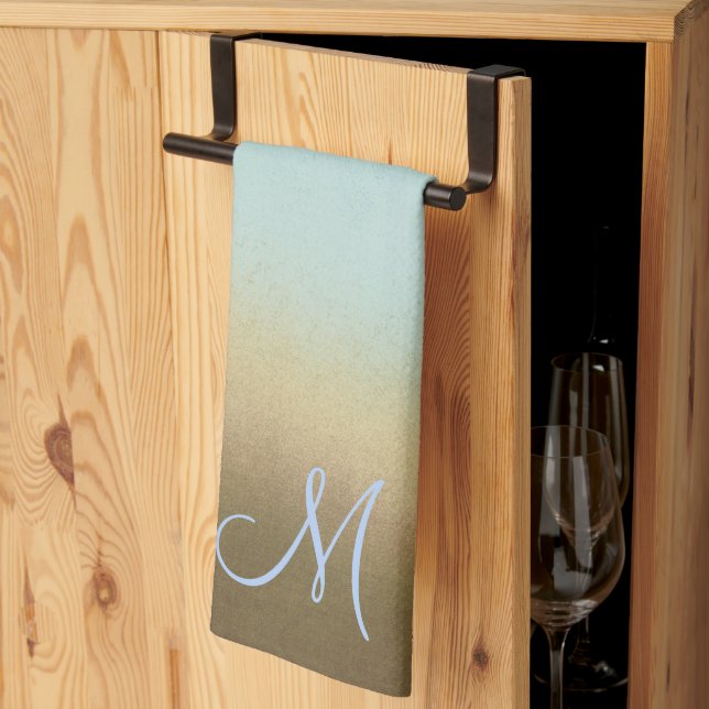 Trendy Stylish Monogram Ombre Blue Brown Kitchen Towel (Thirds Fold)