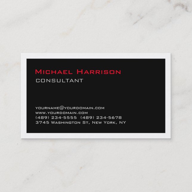 Trendy Stylish Red Black White Consultant Business Card (Front)