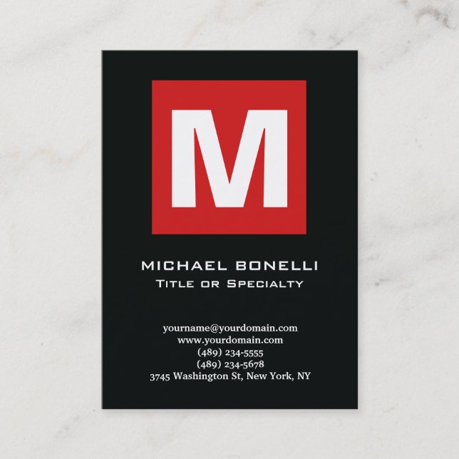 Trendy stylish red black white monogram classical business card (Front)