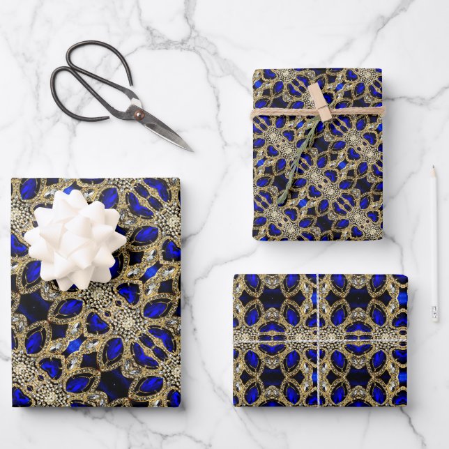 Trendy Stylish Turquoise Gold Silver Sapphire Blue Wrapping Paper Sheet (Front)