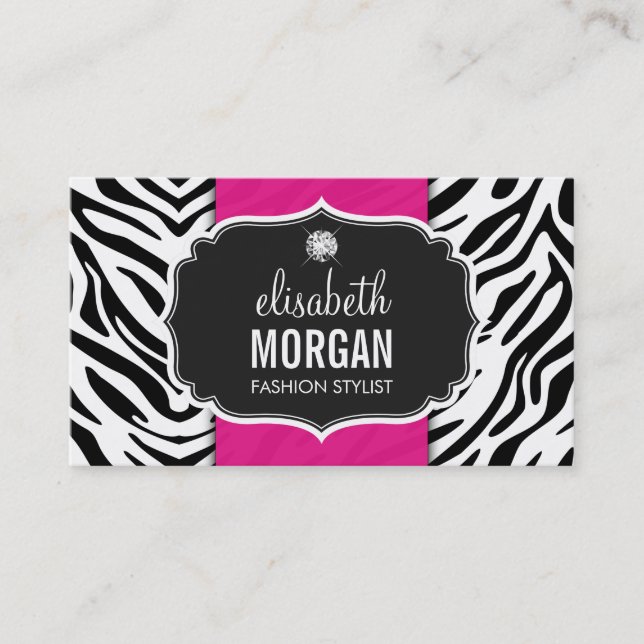 Trendy Stylish Zebra Print Diamond Girly Hot Pink Business Card (Front)