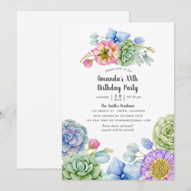 Trendy Succulent Floral Birthday Party Invitation (Front/Back)