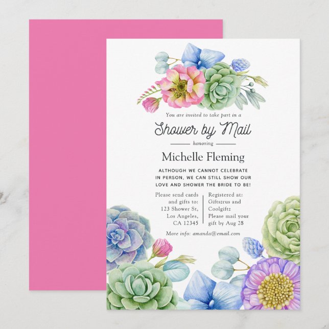 Trendy Succulent Floral Bridal Shower by Mail Invitation (Front/Back)