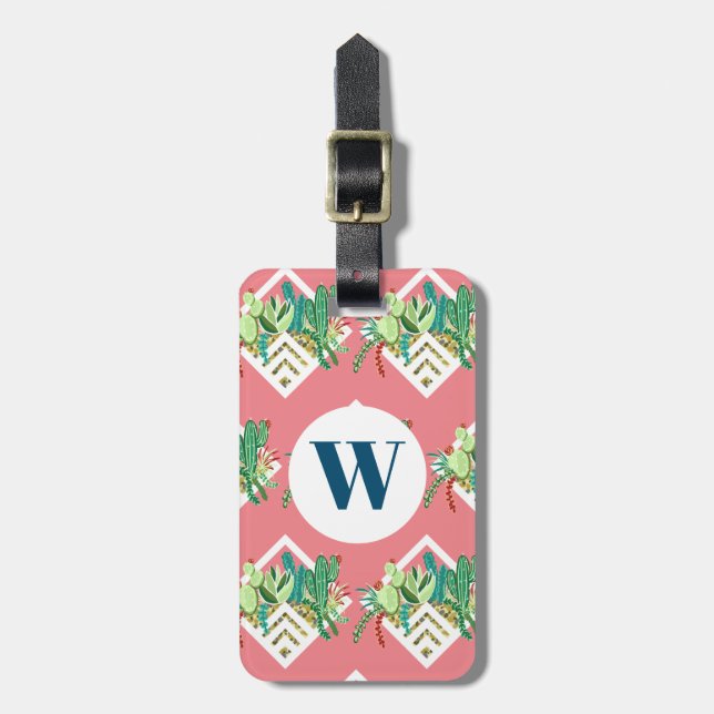 Trendy Succulents & Cactus Terrarium Monogram Luggage Tag (Front Vertical)