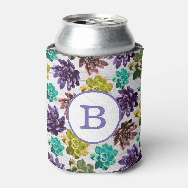 Trendy Succulents & White Wood Print Can Cooler (Can Front)