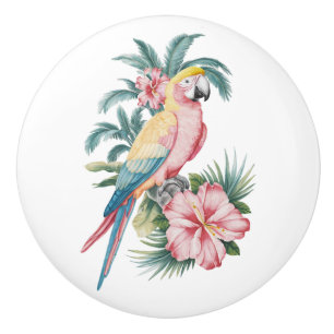 Trendy  Summer beach Parrot and Hibiscus Flowers   Ceramic Knob