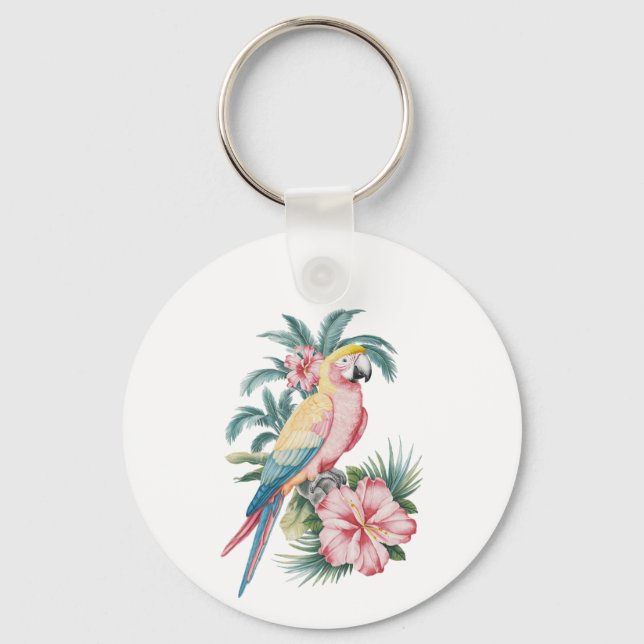 Trendy  Summer beach Parrot and Hibiscus Flowers   Keychain (Front)
