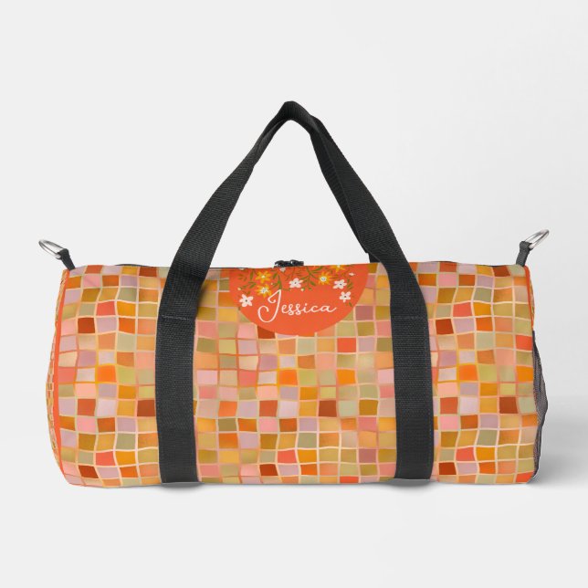 Trendy summer chic orange mosaic duffle bag (Front)