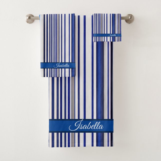 Trendy Summer Navy Blue Boat Stripes Collection Bath Towel Set (Insitu)