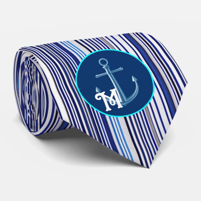 Trendy Summer Navy Blue Boat Stripes Collection Tie (Rolled)