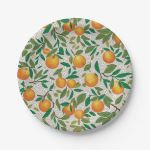 Trendy Summer Oranges Citrus Fruit Blossom Pattern Paper Plate
