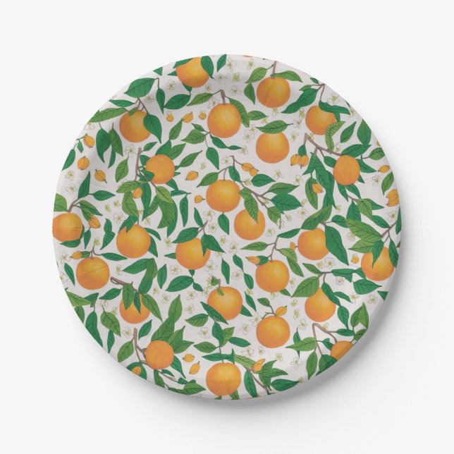 Trendy Summer Oranges Citrus Fruit Blossom Pattern Paper Plate (Front)