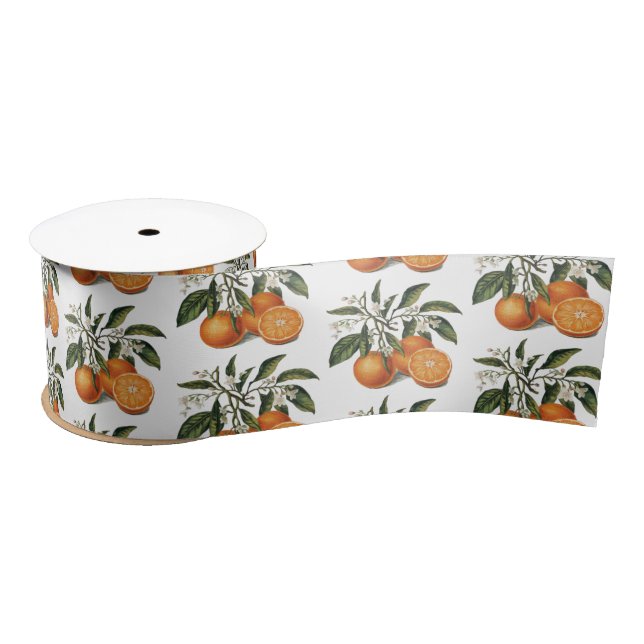 Trendy Summer Oranges Citrus Fruit Blossom Pattern Satin Ribbon (Spool)