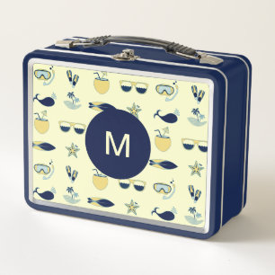 Trendy Summer Symbols Pattern Monogram Metal Lunch Box