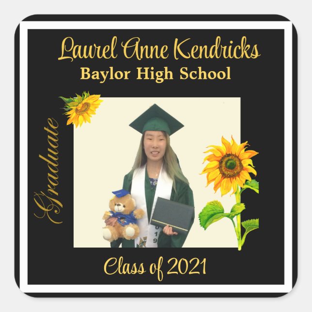 Trendy Sunflower Graduate Photo  Square Sticker (Front)