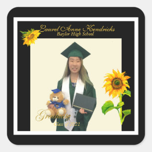 Trendy Sunflower Modern Text Graduate Photo  Square Sticker