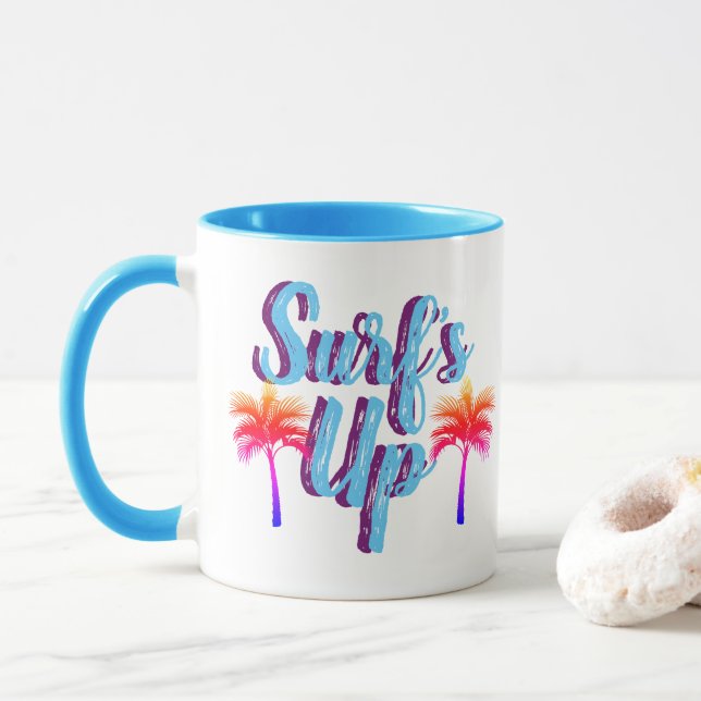 Trendy Surf's Up Sunset Palm Trees Mug (With Donut)