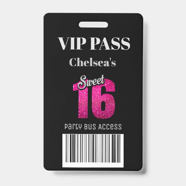 Trendy Sweet 16 Bus Access Barcode Invitation VIP  Badge (Front)