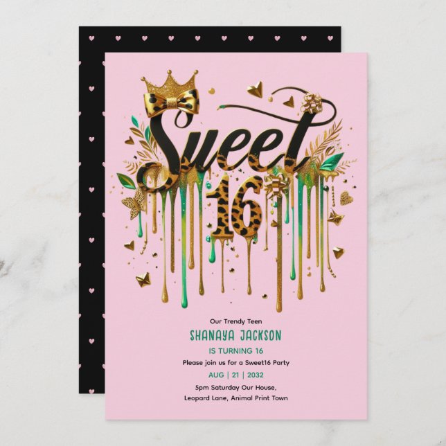 Trendy Sweet 16 Leopard Print Green Pink Gold  Invitation (Front/Back)