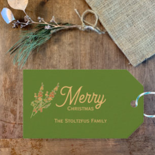 Trendy Tan Green Christmas Watercolor Botanical  Gift Tags