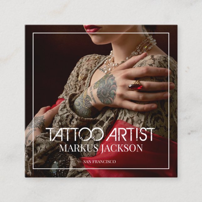 Trendy Tattoo Artist White Typography Photo Square Business Card (Front)