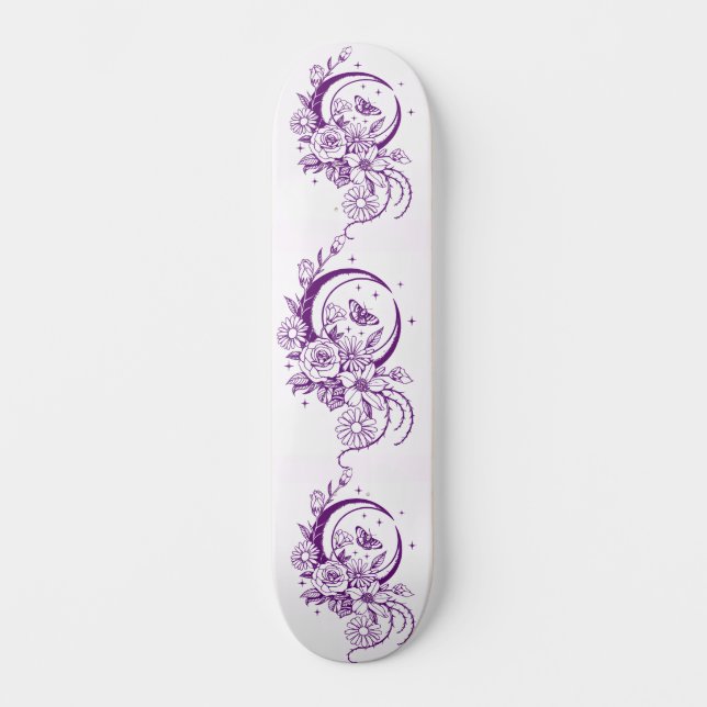 Trendy Tattoo Style Floral Crescent Moon Deck Skateboard (Front)
