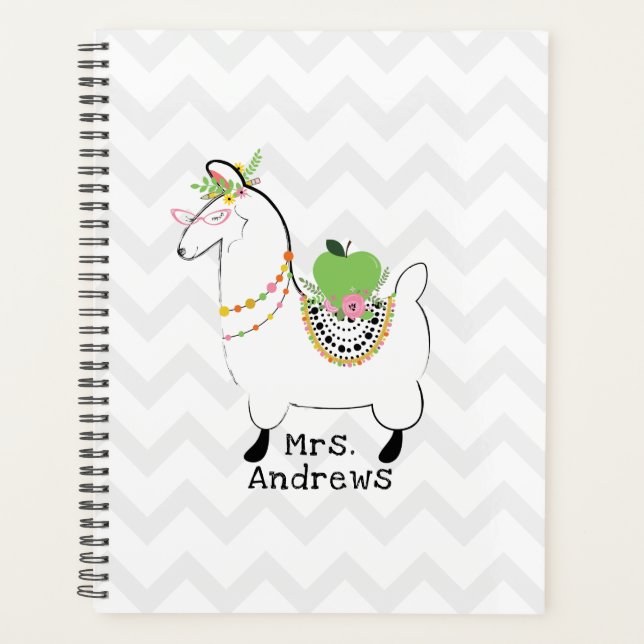 Trendy Teacher Green Apple Llama Floral Planner (Front)