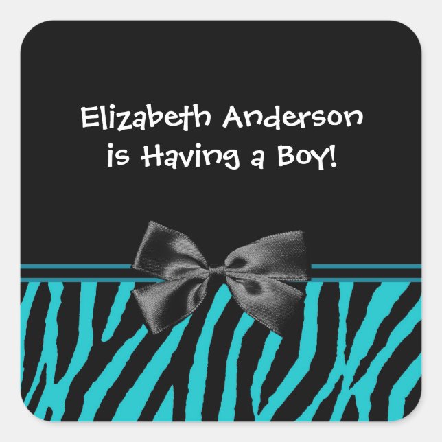 Trendy Teal And Black Zebra Print Boy Baby Shower Square Sticker (Front)