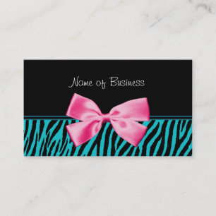 Trendy Teal and Black Zebra Print Girly Pink Bow Business Card