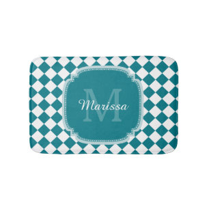 Trendy Teal and White Checked Monogrammed Name Bath Mat