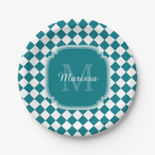 Trendy Teal and White Checked Monogrammed Name Paper Plate