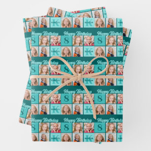 Trendy Teal Birthday Party Custom Photo Collage Wrapping Paper Sheet