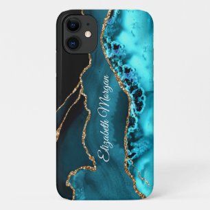 Trendy Teal, Black and Gold Agate & DIY Name iPhone 11 Case