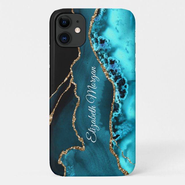 Trendy Teal, Black and Gold Agate & DIY Name Case-Mate iPhone Case (Back)