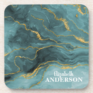 Trendy Teal Blue Gold Agate Geode Marble Monogram Coaster